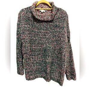 Loft - cowlneck boucle sweater - green / pink - size XL
